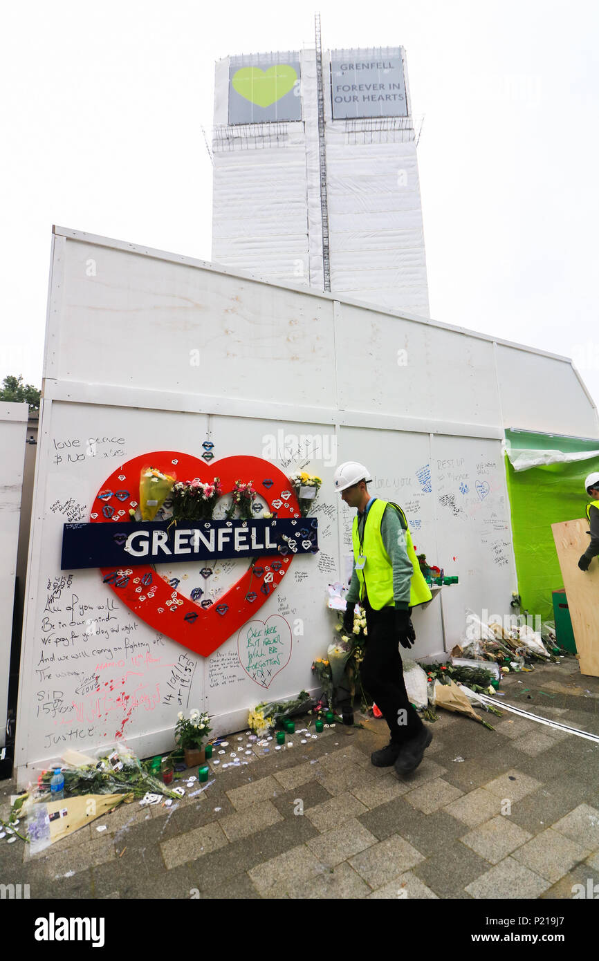 London UK. 14th June 2018. Grenfell anniversary a year after the fire  in West London which claimed the lives of 72 residents in the tower block.  A minute's silence will be observed nationally at midday to remember the victims of the Grenfell fire on 14 June 2017. Credit: amer ghazzal/Alamy Live News Stock Photo
