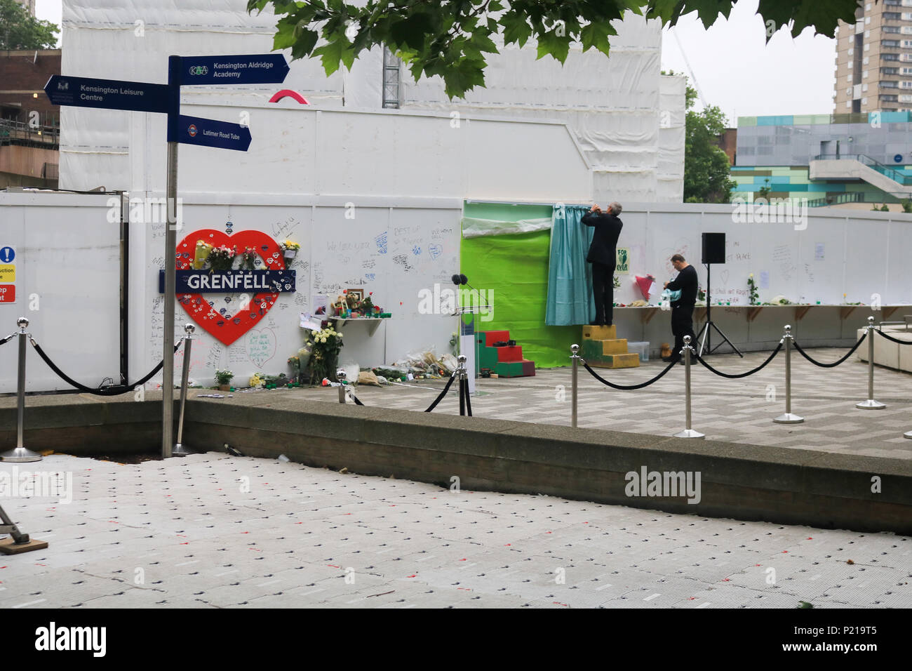 London UK. 14th June 2018. Grenfell anniversary a year after the fire  in West London which claimed the lives of 72 residents in the tower block.  A minute's silence will be observed nationally at midday to remember the victims of the Grenfell fire on 14 June 2017. Credit: amer ghazzal/Alamy Live News Stock Photo