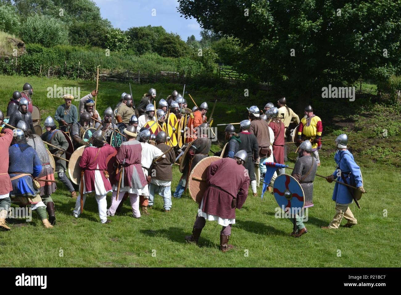 Battle at Flag Fen Archaeology Park, home of an prehistoric wooden causeway. Anglo-Saxon Re-enactment Event, Peterborough, Cambridgeshire, England, UK Stock Photo