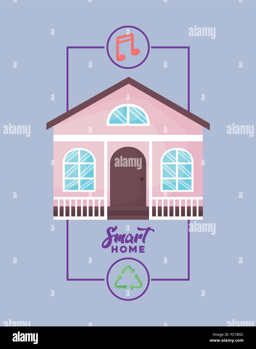 house with musical note and recycle icon over purple background ...