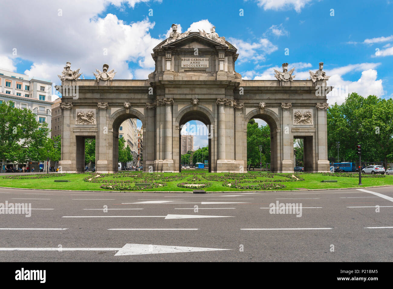 Plaza de la Independencia Madrid, view of the old city gate - the Puerta Alcala - in the Plaza de la Independencia, Madrid, Spain. Stock Photo