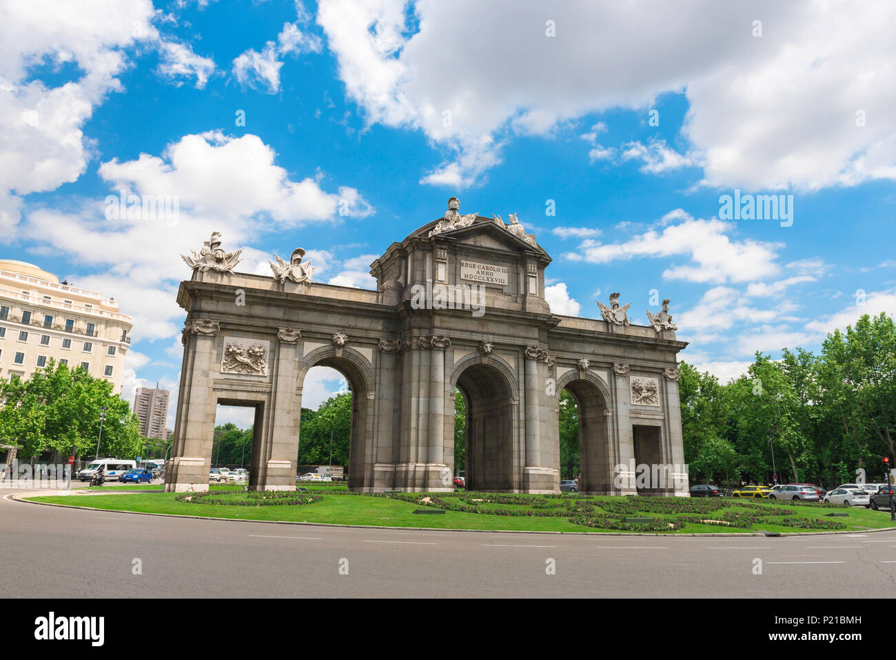 Plaza de la Independencia Madrid, view of the old city gate - the Puerta Alcala - in the Plaza de la Independencia, Madrid, Spain. Stock Photo