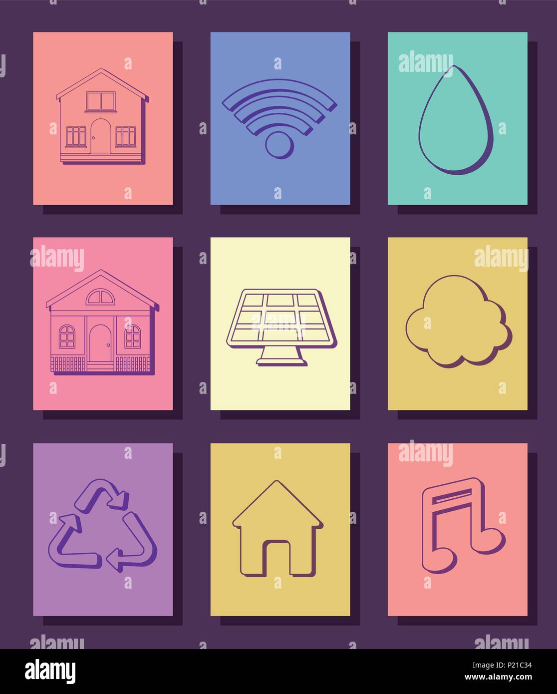 Icon set of smart home design over colorful squares and purple ...