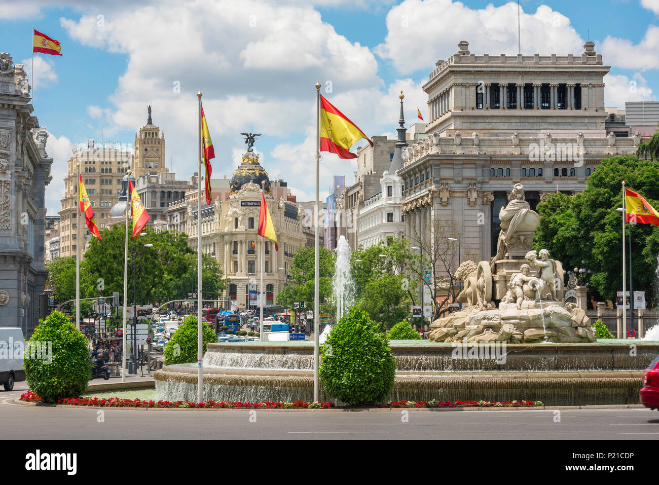 Plaza de Cibeles Madrid, view of the fountain in the Plaza de Cibeles and city centre buildings in the Calle de Alcala, Madrid, Spain. Stock Photo