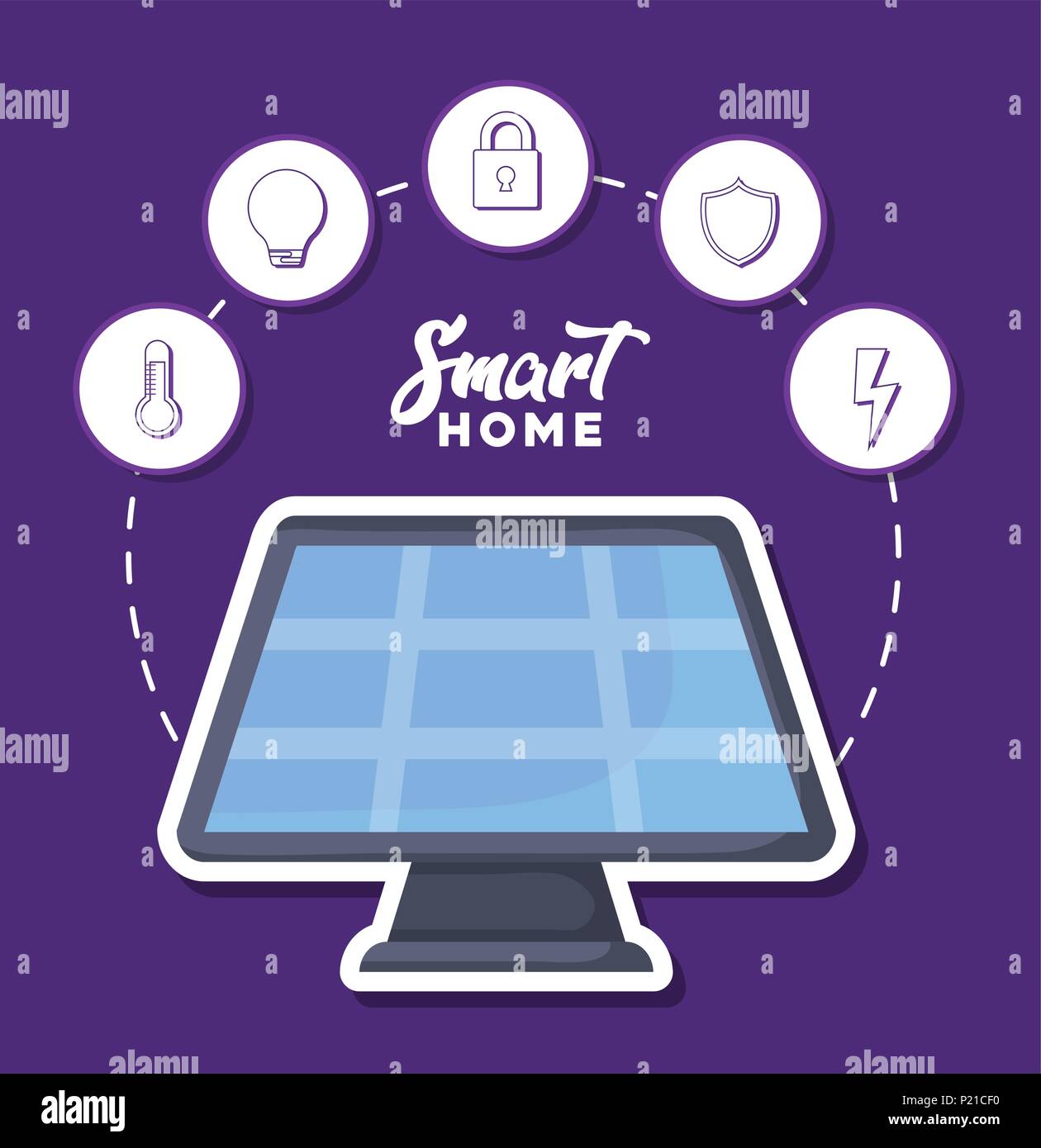 solar panel with smart house related icons over purple background ...