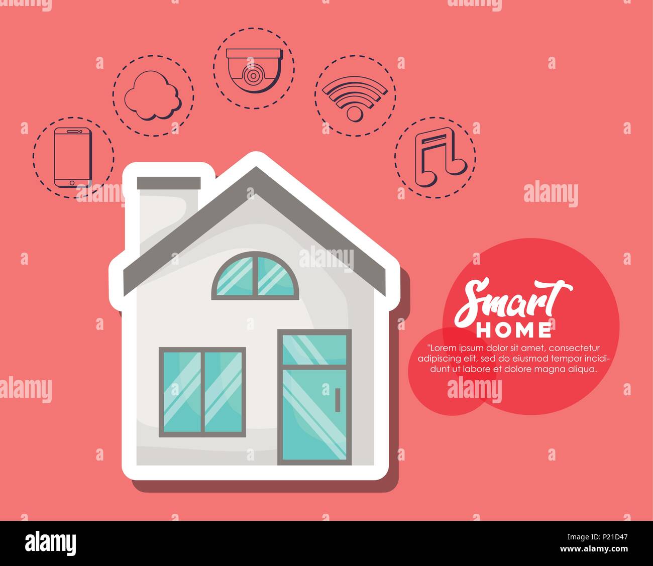 Modern house with smart home related icons over red background ...