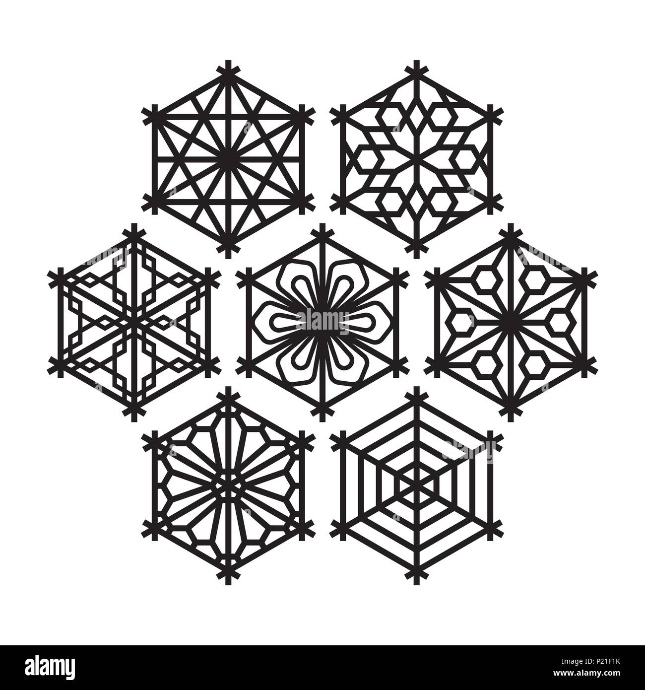 set of seven traditional Japanese ornaments Kumiko in the form hexagones Stock Vector Image