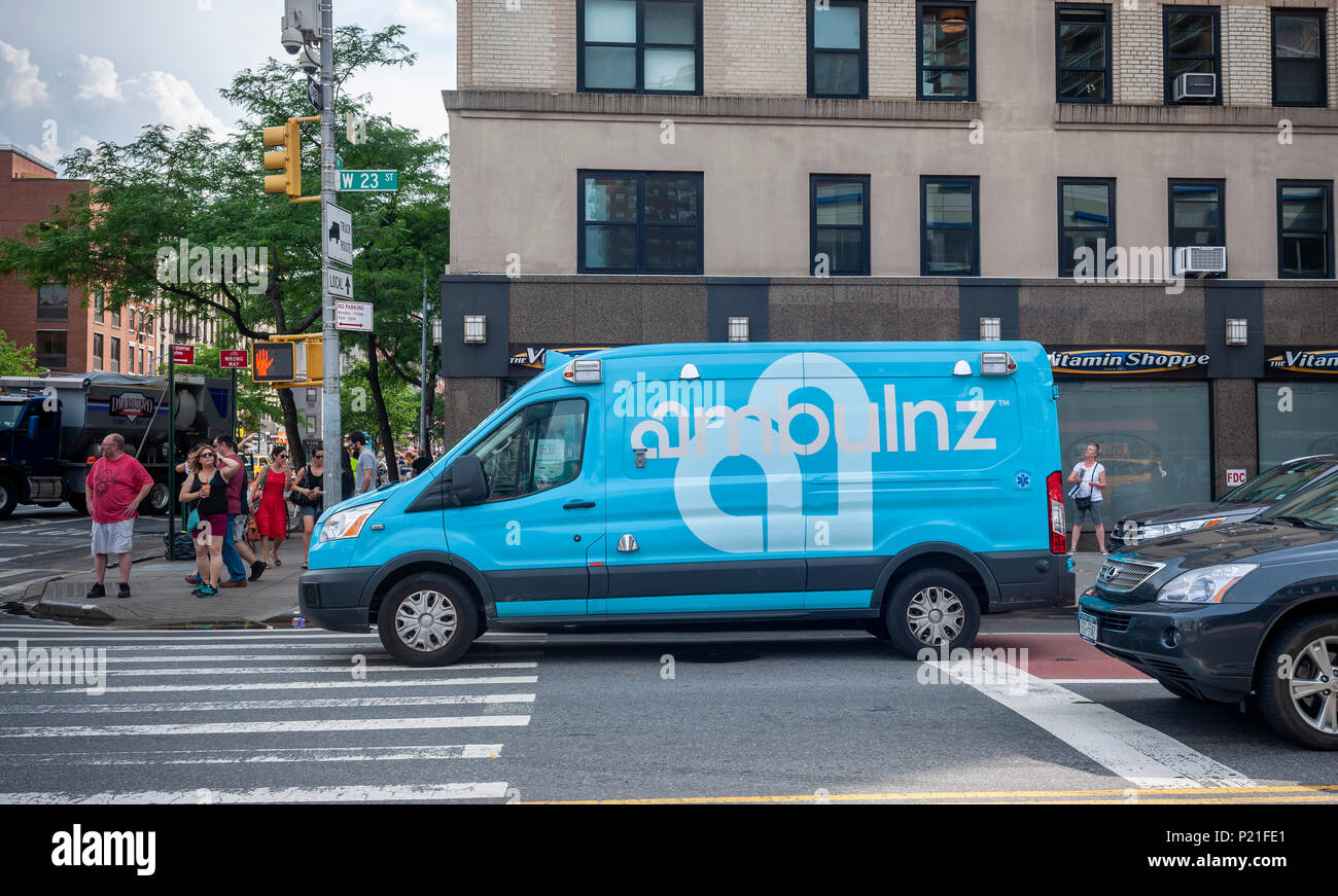 An 'ambulanz' brand on demand ambulance is seen parked in the Chelsea neighborhood of New York on Saturday, June 2, 2018. The tech driven company dispatches via an app enabling real-time tracking and scheduling and is not part of New York's 911 system. (Â© Richard B. Levine) Stock Photo