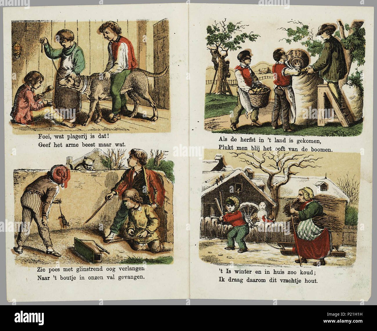 Een lief boekje voor zoete kinderen. Prentenboekje met op elk blad twee  afbeeldingen, en onder elke afbeelding twee regels rijmende tekst. Het zijn  vermoedelijk toonlitho's, met sjablonen verder ingekleurd. Onderwerpen: de, image size:1300x1142