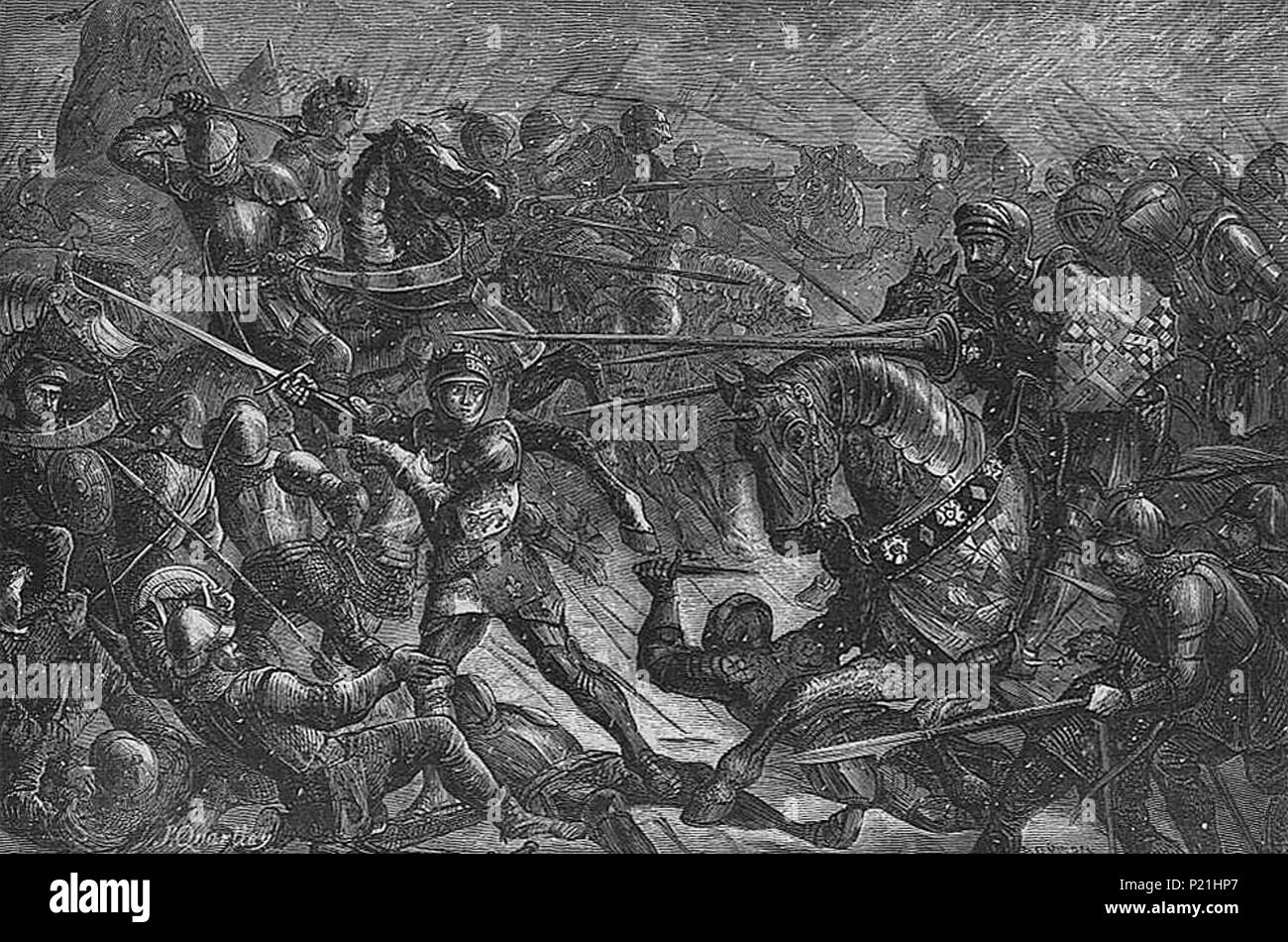 . Engraving of Edward IV extolls his troops to fight their Lancastrian foes at the Battle of Towton (29 March 1461). This was first published in: Grant, James (1880) [1878] 'Chapter XVI' in British Battles on Land and Sea, Volume 1, London, Paris and New York: Cassell Petter and Galpin, pp. p. 91 Retrieved on 25 November 2010. . circa 1878. Based on the signatures, engraved by Charles Oliver Murray(1842–1923)[1] after John Quartley (fl. 1835–67),[2] 158 John Quartley's Battle of Towton Stock Photo