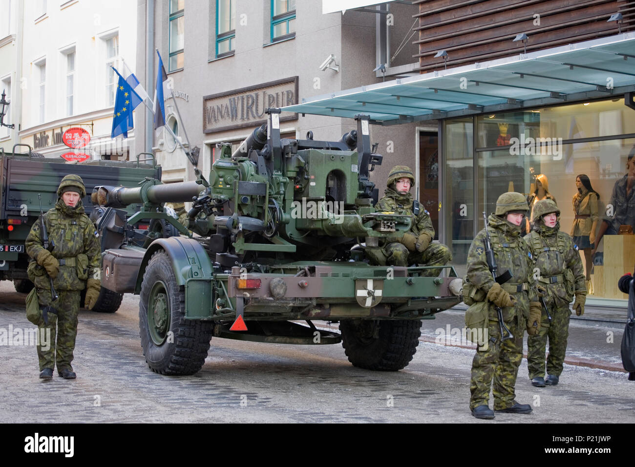 Troops and artillery gathering for the annual Independence Day festival: Viru, Tallinn, Estonia Stock Photo