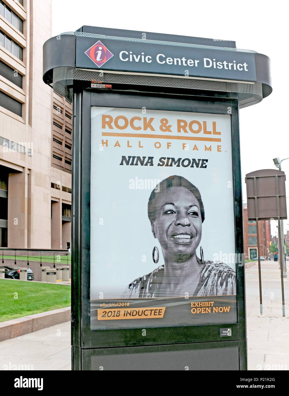 A poster of Nina Simone, Rock and Roll Hall of Fame inductee, hangs in a sidewalk marquee in the CIvic Center District of downtown Cleveland, Ohio. Stock Photo