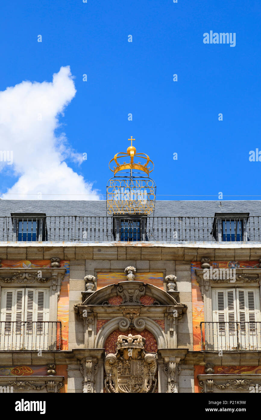 Royal crest on the Casa de la Panaderia, Plaza Mayor, Madrid, Spain. May 2018 Stock Photo
