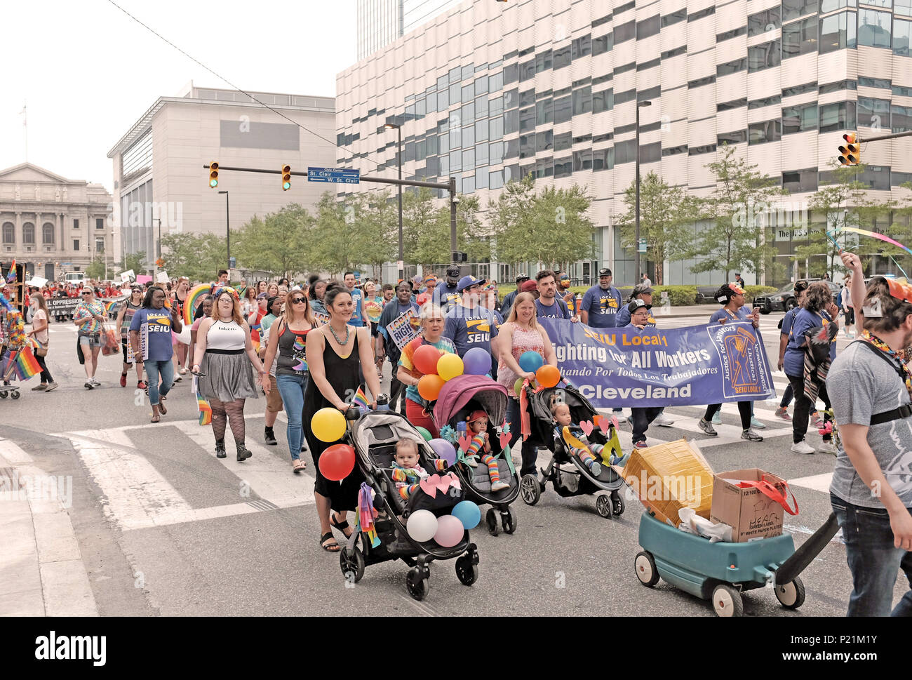 The 2018 Cleveland Pride March filled with supporters of the LGBTQ community make their way down Ontario Street in downtown Cleveland, Ohio, USA. Stock Photo
