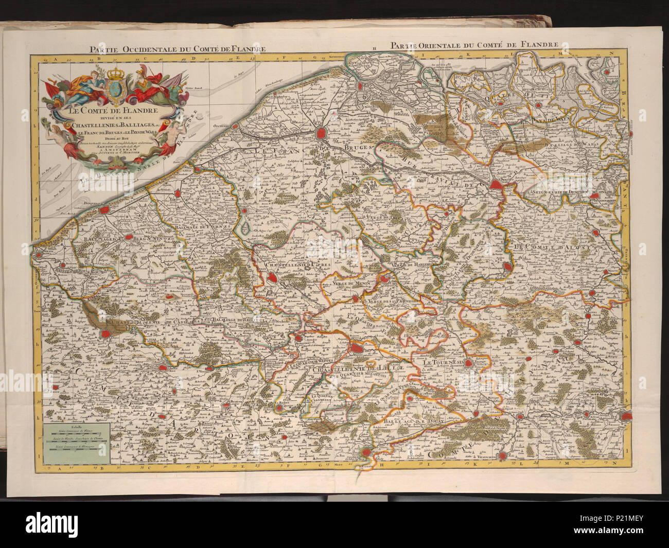 . Le comté de Flandre divisé en ses chastellenies, et balliages, &c. le Franc de Bruges et le Pays de Waes / dedié au Roy par son ... serviteur Sanson geographe de sa Maj.té . Scale [c. 1:200.000]. Map belongs to this alfabetical table. [c. 1750]. Guillaume Sanson (-1703)  XUBAKZL12A8 053, 3/29/12, 9:00 AM,  8C, 7992x10656 (0+0), 100%%%%, JUNI 2011 PPRO, 1/120 s, R55.3, G22.5, B20.0 189 Map - Special Collections University of Amsterdam - OTM- HB-KZL I 2 A 8 (53) Stock Photo