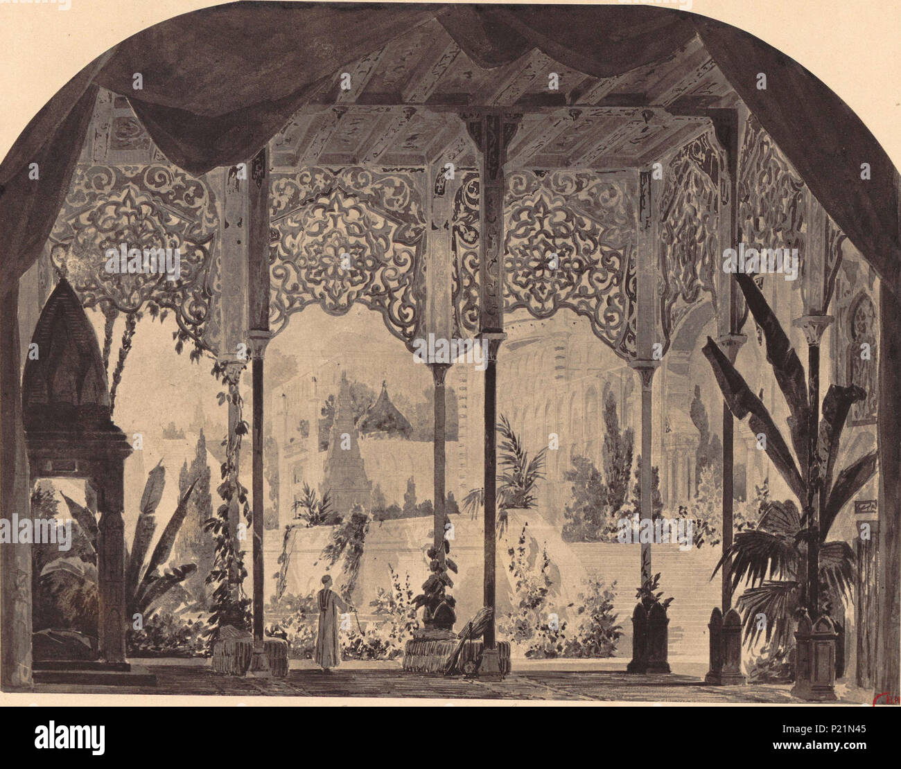. English: Set design for Act 2 of Lalla Roukh composed by Félicien-César David (premiere production, Opéra-Comique, Paris, May 1862) . 1862. Jean-Pierre Moynet (1819–1876) [signed on the lower left of the original] 171 Lalla Roukh set design Act 2 Stock Photo