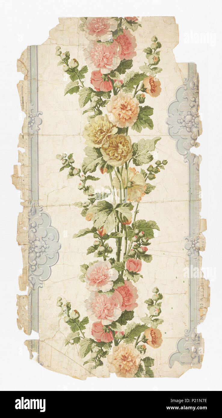 .  English: Sidewall (possibly USA), 1899 .  English: On glossy white ground: green and gray scalloping forming vertical borders for banding of hollyhock, in gray. . 1899 289 Sidewall (possibly USA), 1899 (CH 18462421) Stock Photo