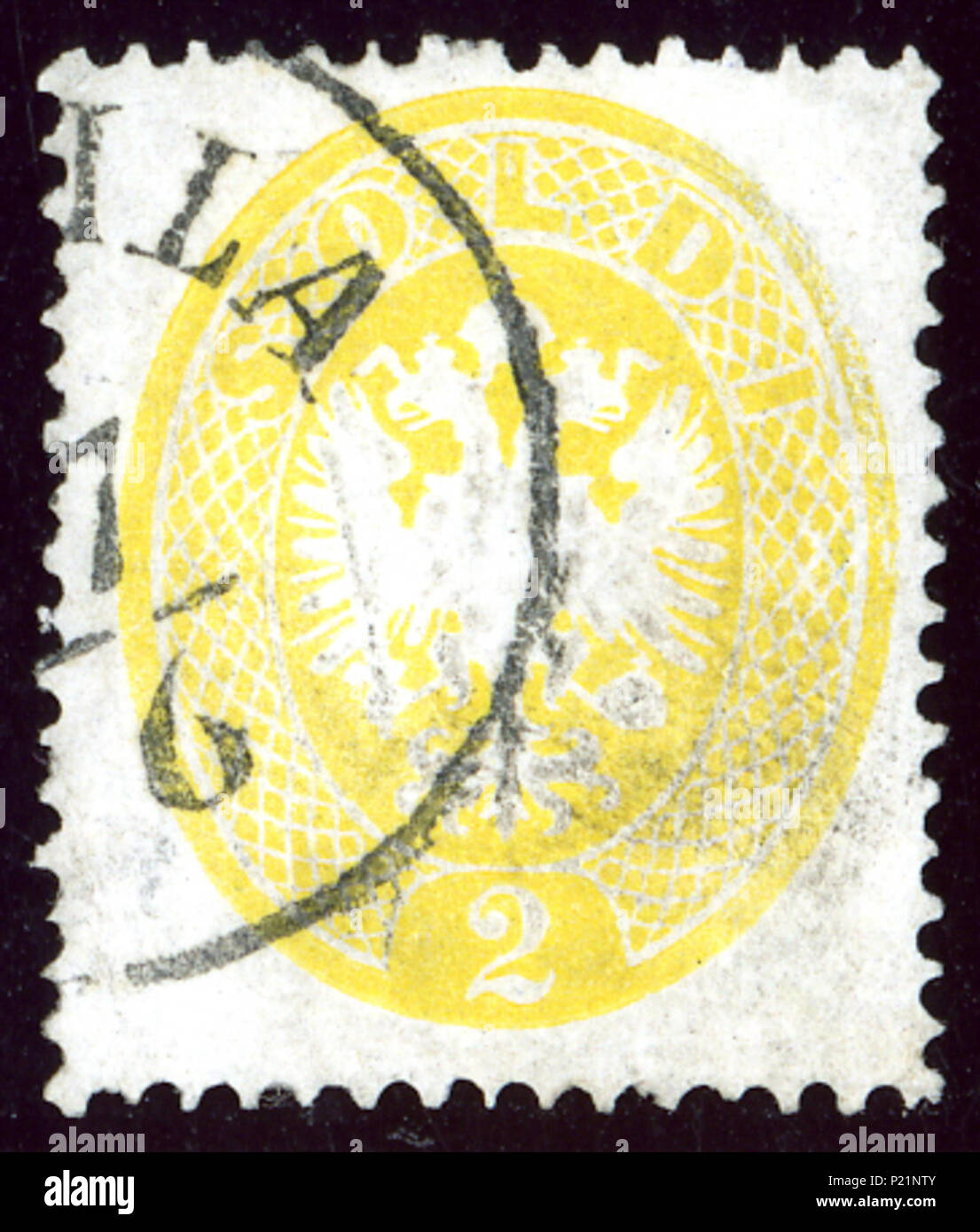 . English: Stamp of Lombardy and Venetia, 2 soldi issue 1863, cancelled JBRAILA (now Romania). Michel N°LV14. Müller postmark: Levant 27b type RS-f (40) . 13 March 2014, 10:39:10. Jacquesverlaeken 2 1863 LV 2soldi JBRAILA MiLV14 Stock Photo