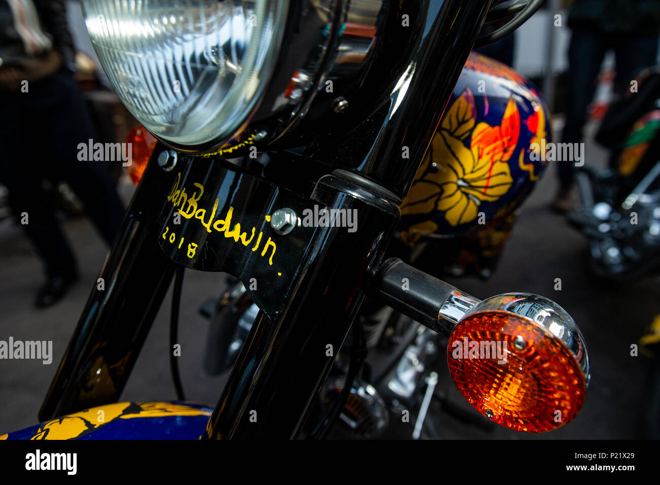 Details of the customised Royal Enfield fleet for the Elephant Family's 'Concours d'Ã©lÃ©phant' dawn raid during the photocall in London. PRESS ASSOCIATION Photo. Picture date: Tuesday June 12, 2018. A customised fleet of 12 Ambassador cars, eight Royal Enfield motorbikes, a tuk tuk and a Gujarati Chagda made up the 'Concours d'Ã©lÃ©phant' - a cavalcade of designer inspired, quintessentially Indian vehicles - while thirty beautifully decorated elephant sculptures will stand sentinel across the capital, ambassadors for their cousins in the wild. Stock Photo