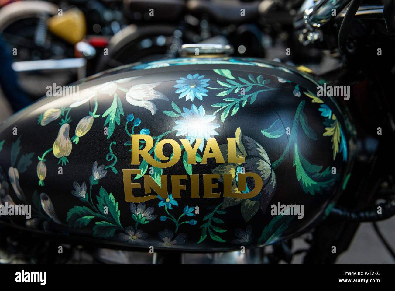Details of the customised Royal Enfield fleet for the Elephant Family's 'Concours d'Ã©lÃ©phant' dawn raid during the photocall in London. PRESS ASSOCIATION Photo. Picture date: Tuesday June 12, 2018. A customised fleet of 12 Ambassador cars, eight Royal Enfield motorbikes, a tuk tuk and a Gujarati Chagda made up the 'Concours d'Ã©lÃ©phant' - a cavalcade of designer inspired, quintessentially Indian vehicles - while thirty beautifully decorated elephant sculptures will stand sentinel across the capital, ambassadors for their cousins in the wild. Stock Photo