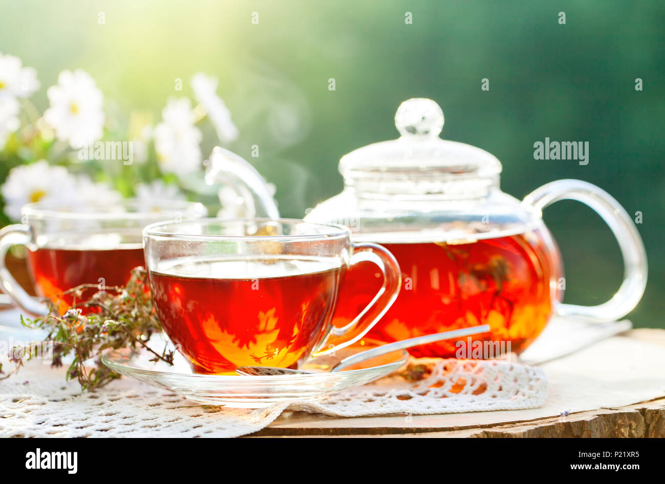 Cup with hot tea with mint and a thyme on a wooden table in a summer garden. Stock Photo