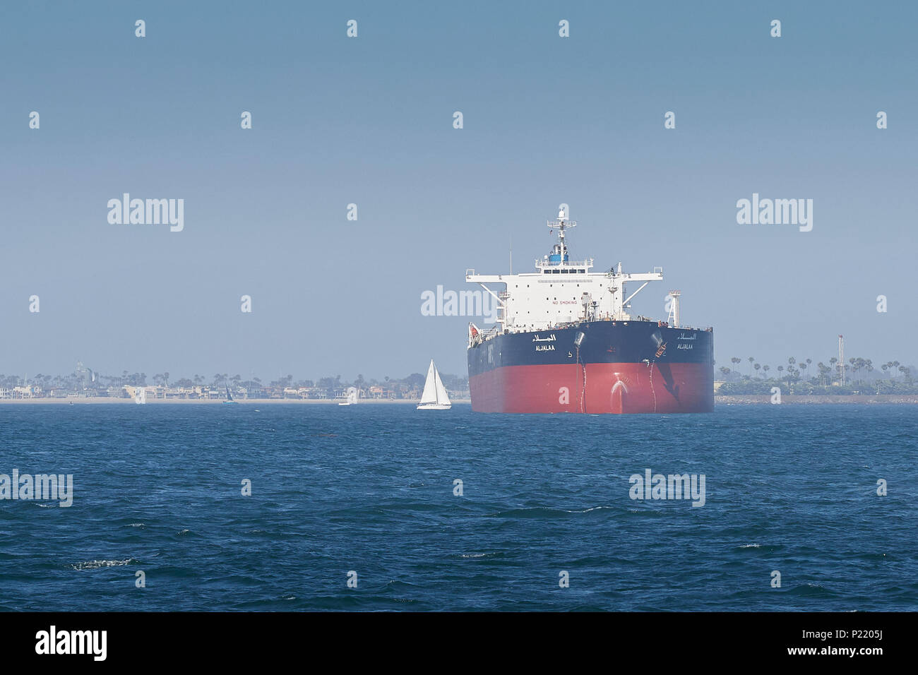 Crude Oil Tanker, ALJALLA, Anchored In The Port Of Long Beach, California, USA. Stock Photo