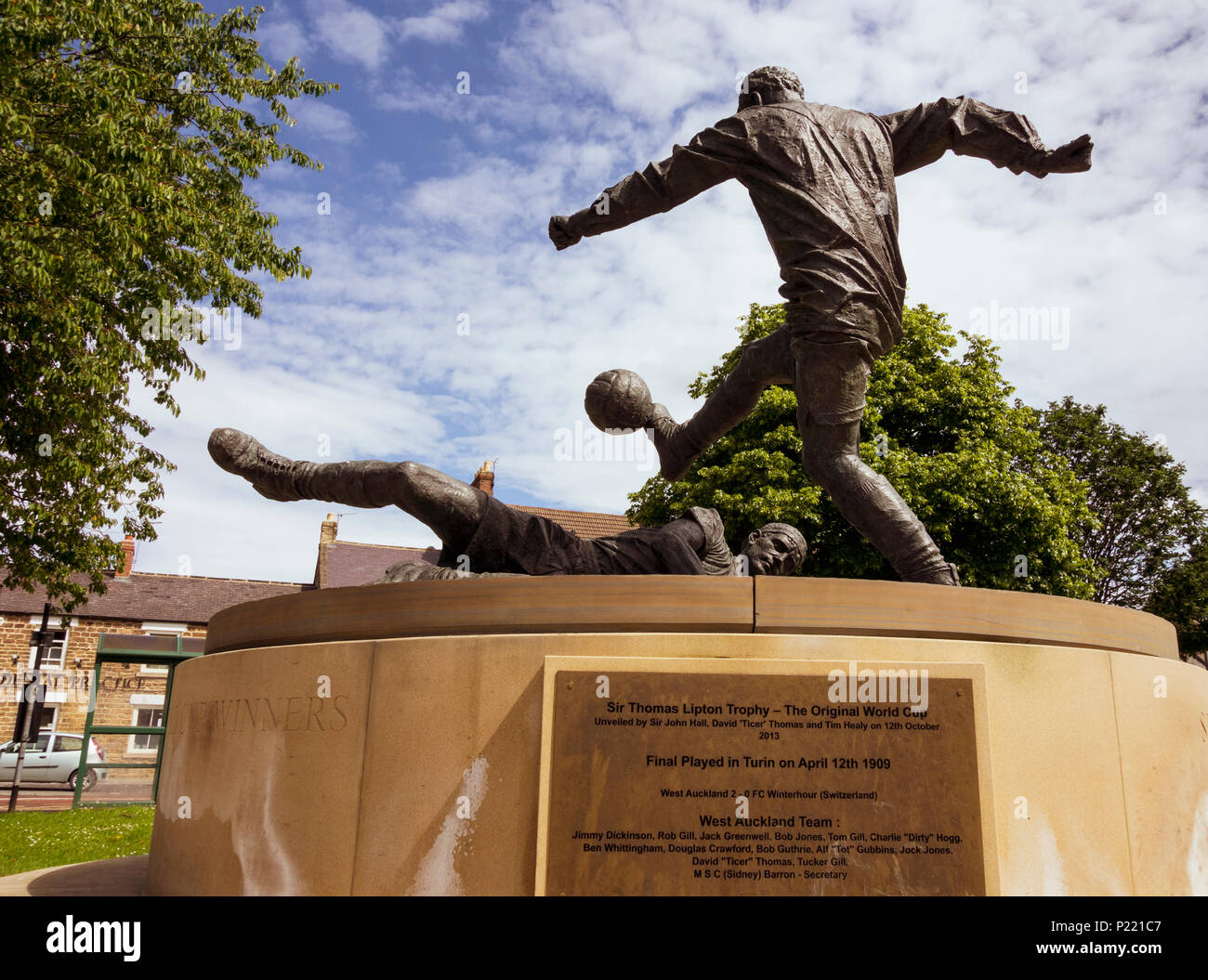 World Cup statue on village green in West Auckland, County Durham, England. UK. Village team West Auckland F.C. won the first World Cup in 1909. Stock Photo