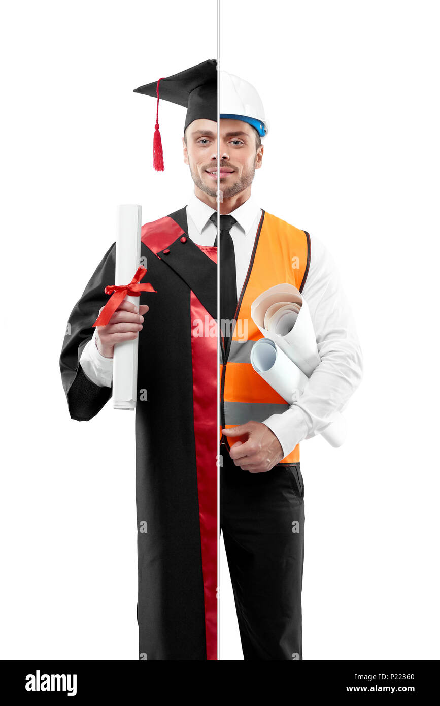 Comparison of graduate and architect's outlook. Student wearing black