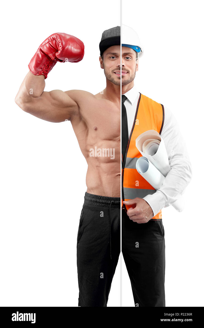 Photo comparison of boxer and architect's outlook. Architect wearing white  shirt with black tie, orange vest, helmet, keeping papers. Boxer wearing  red boxer gloves ,sport trousers, a cap Stock Photo - Alamy