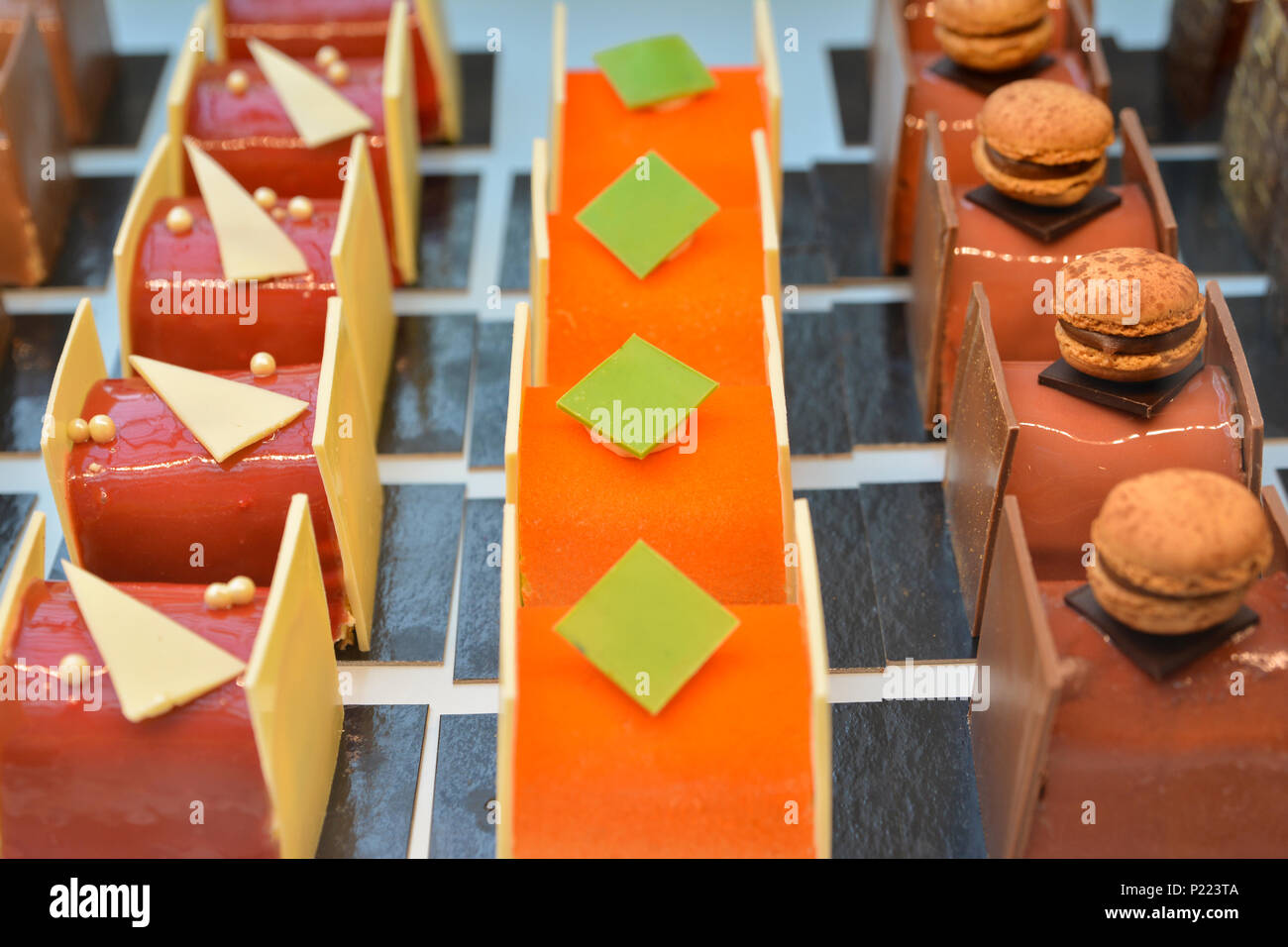French pastries.Chocolate cakes on display a confectionery shop in