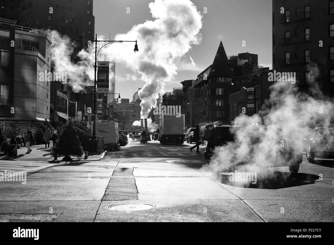 Atmospheric smoke and steam in Greenwich Village, New York (black and white) Stock Photo