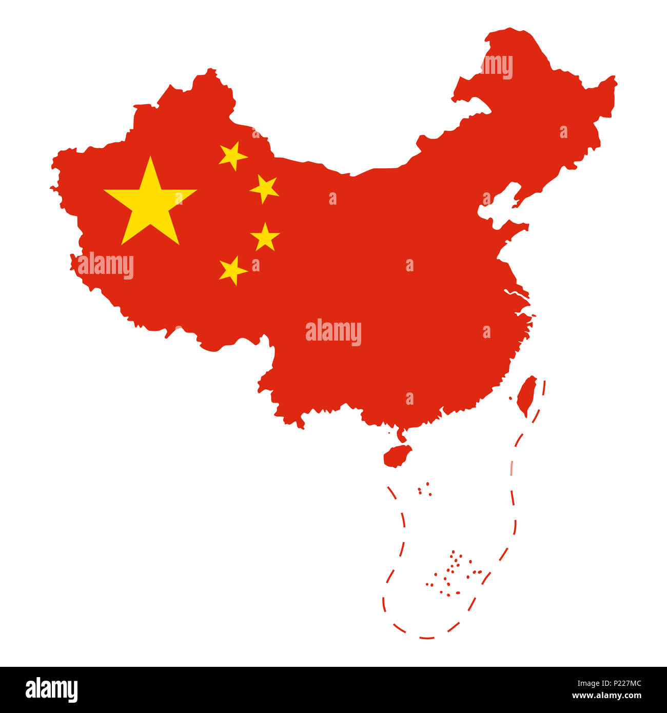 Flag of China in the country outline. Area controlled by the Peoples Republic of China, PRC, and claimed but uncontrolled regions. Five-star Red Flag. Stock Photo
