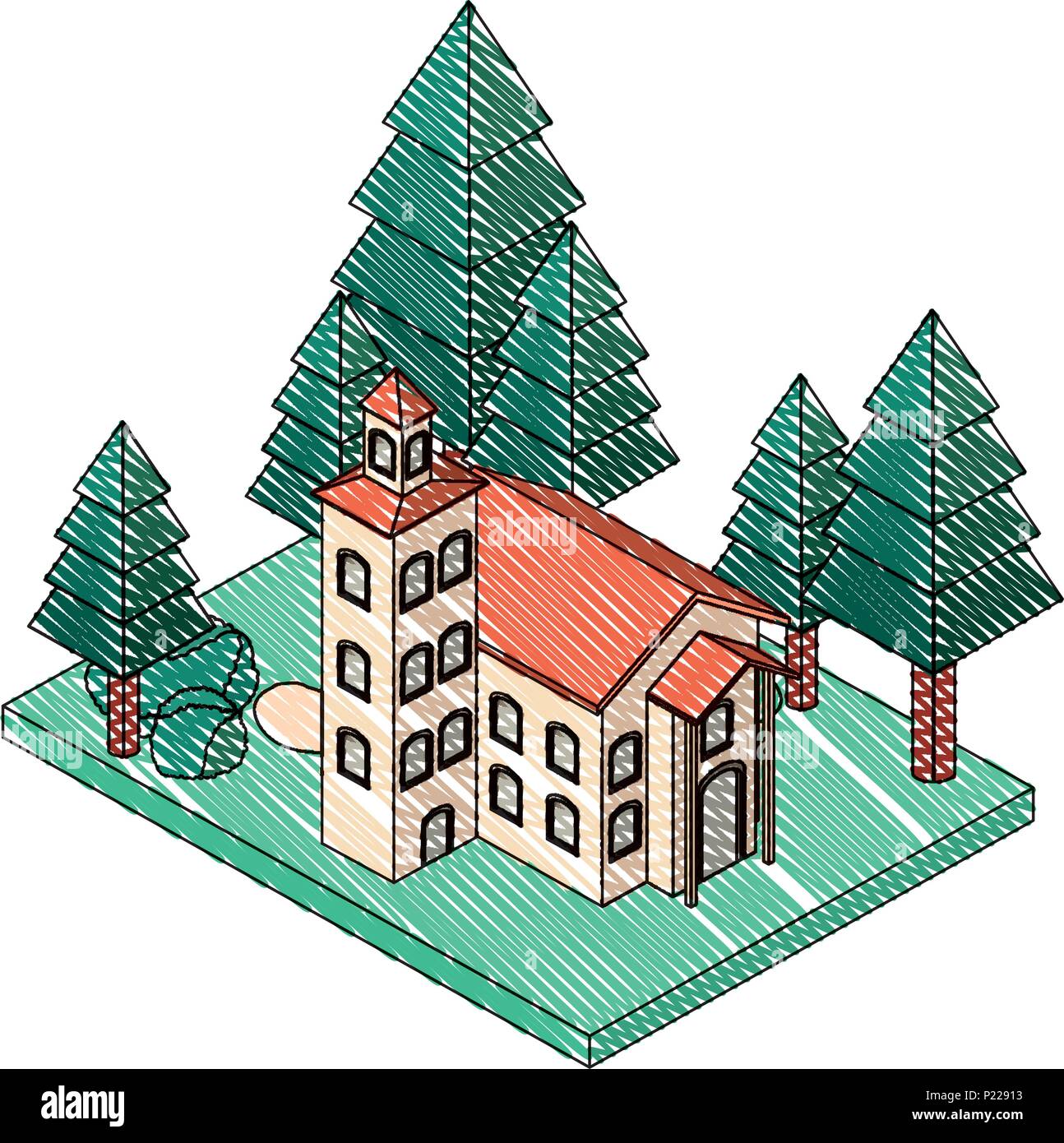 school building with landscape isometric vector illustration design ...