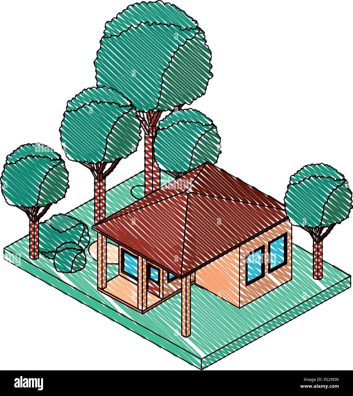exterior house with landscape isometric icon vector illustration design ...