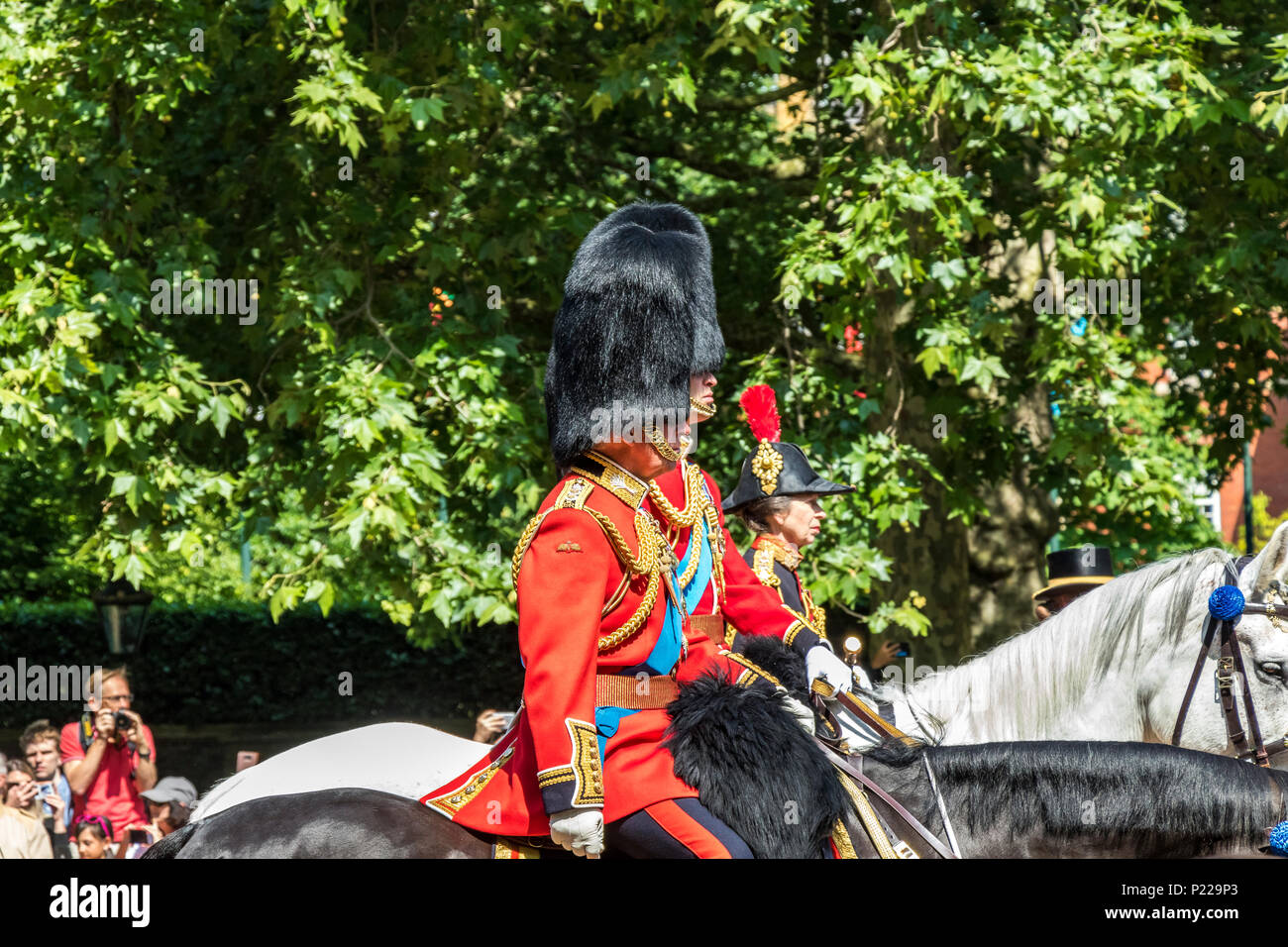 Prince Charles, Prince William and Princess Anne riding along the Mall at The Trooping Of The Colour or the The Queens Birthday Parade, London,  2018 Stock Photo