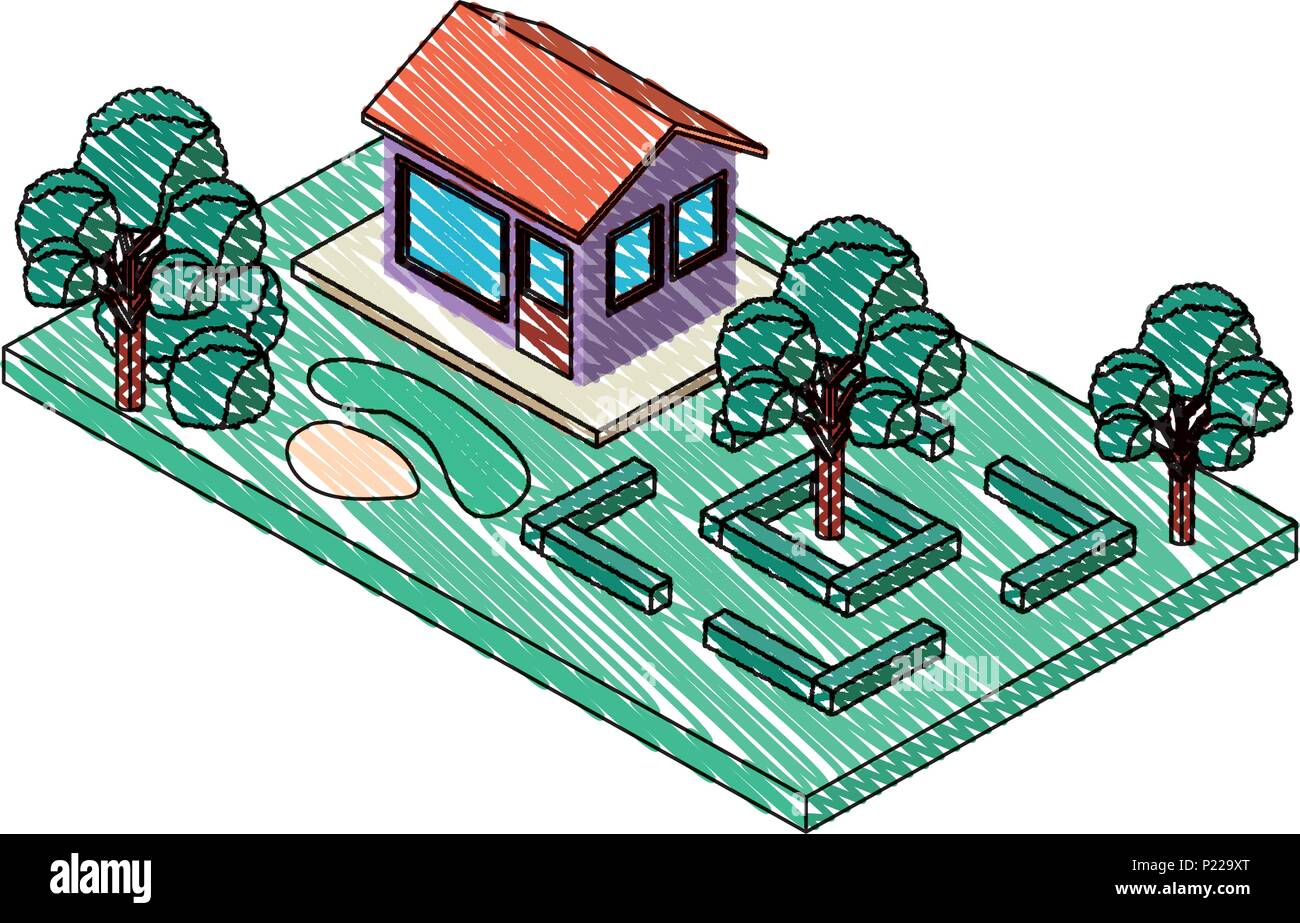 exterior house with landscape isometric icon vector illustration design ...