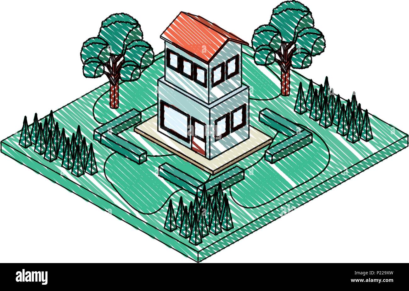 exterior house with landscape isometric icon vector illustration design ...