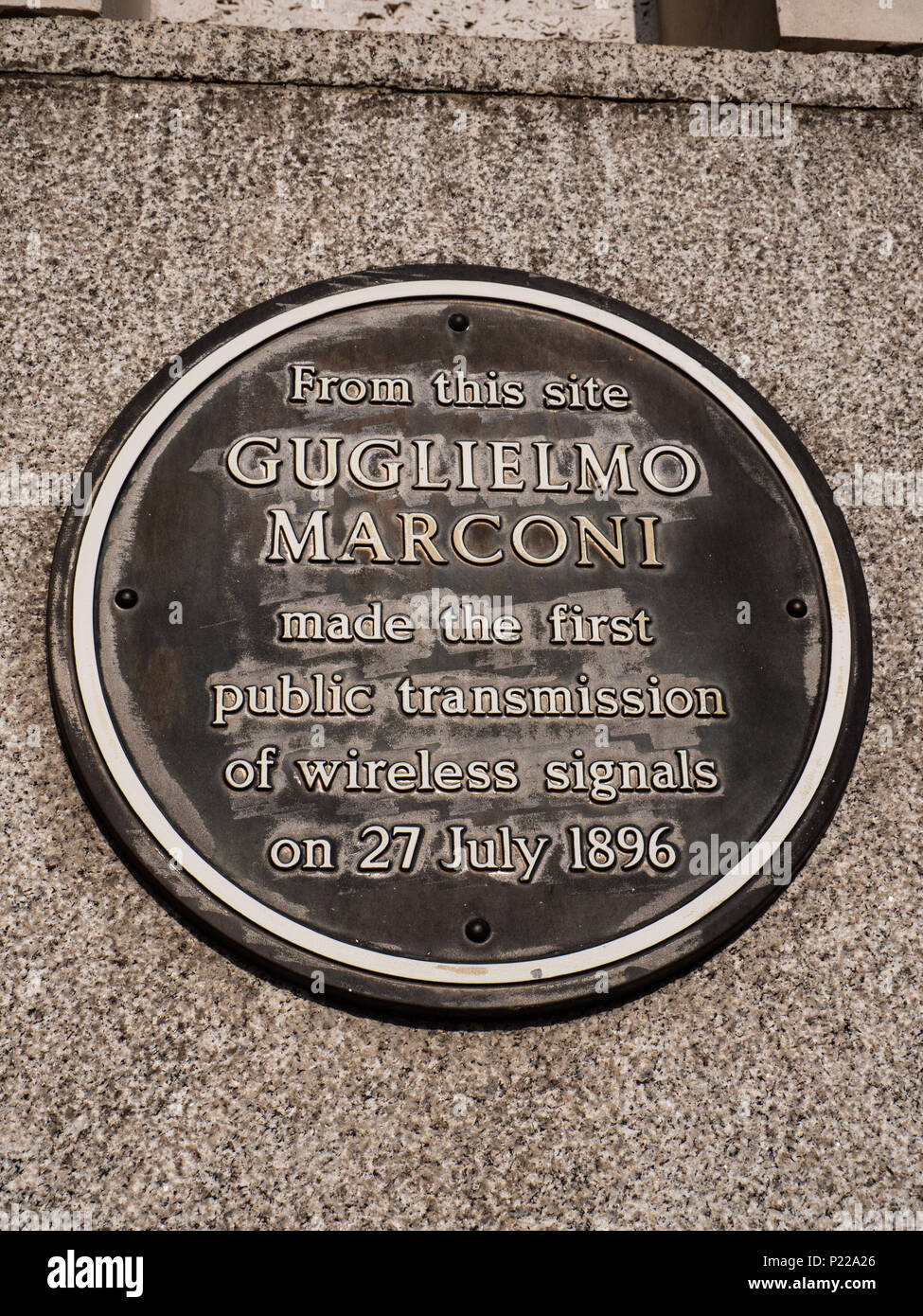 Guglielmo Marconi Plaque at BT Head Office, City of London, London, England, UK, GB. Stock Photo