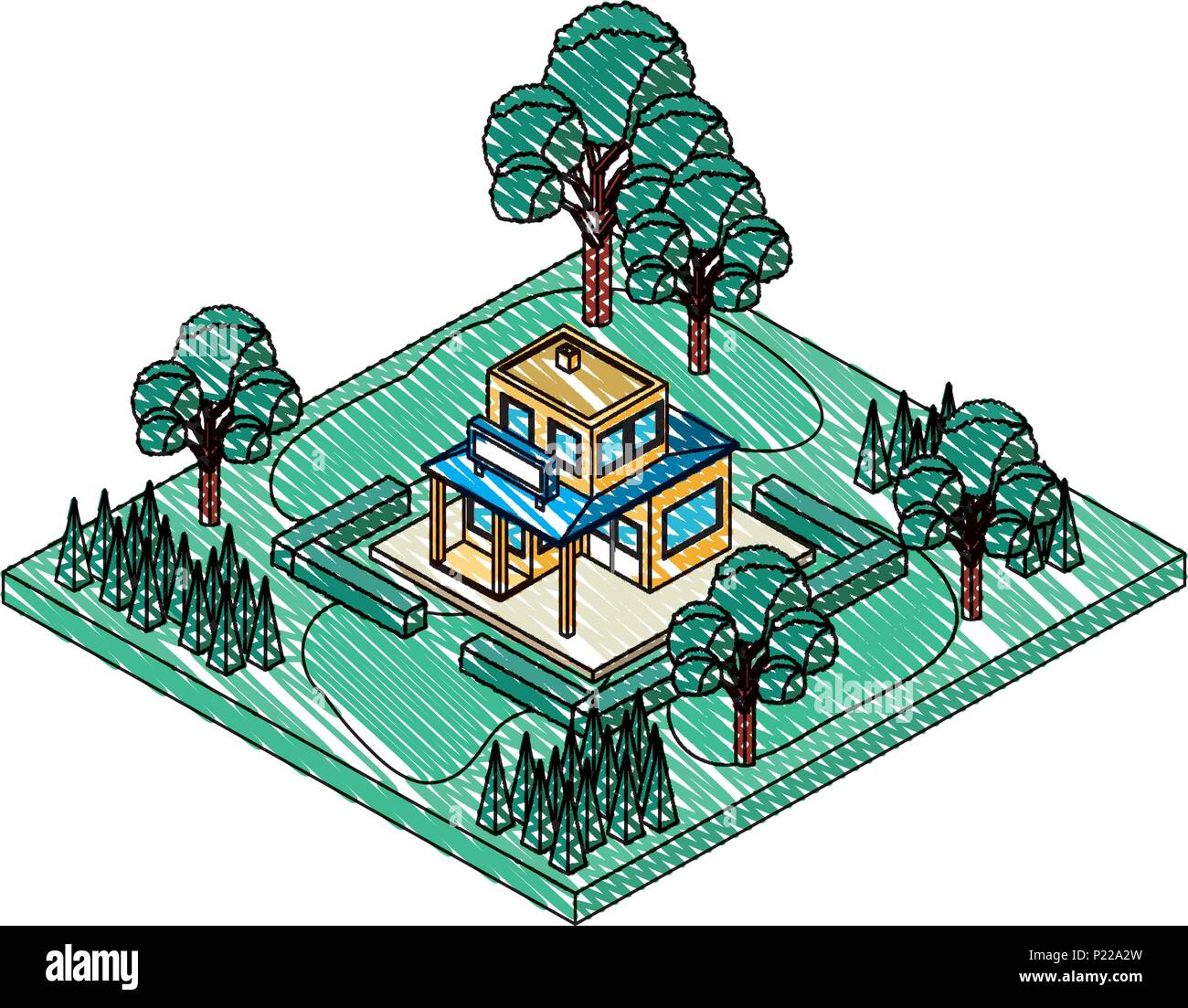 exterior house with landscape isometric icon vector illustration design ...