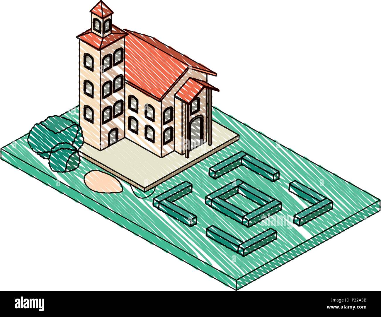 school building with landscape isometric vector illustration design ...