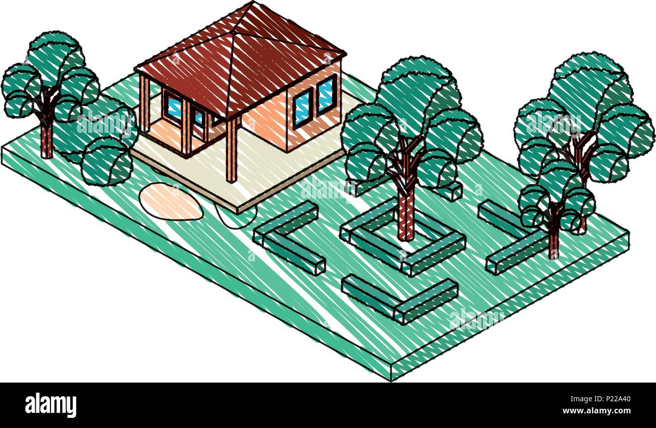 exterior house with landscape isometric icon vector illustration design ...