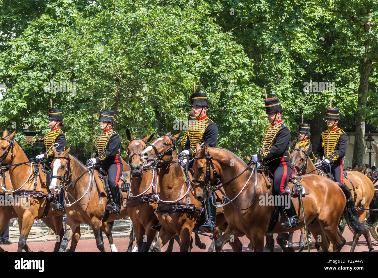 Soldiers from The King's Troop Royal Horse Artillery making their way on horse back along The Mall at Trooping The Colour, London,UK,  2018 Stock Photo
