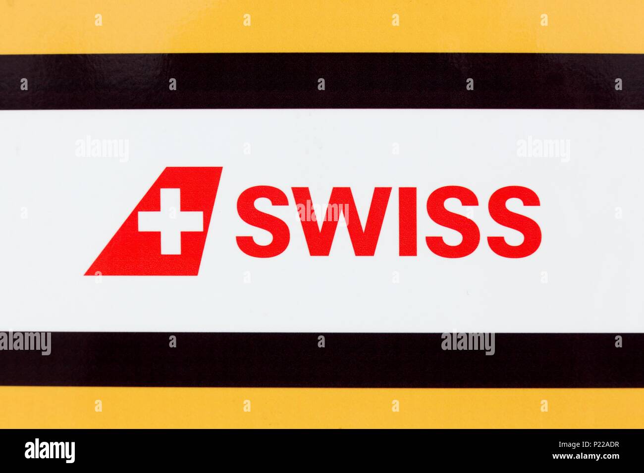 Colombier-Saugnieu, France - March 22, 2018: Swiss International Air Lines logo on a panel. Swiss is the flag carrier of Switzerland Stock Photo