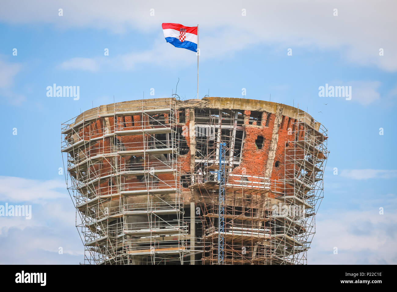 A view of the Vukovar water tower under reconstruction and  intended to be a memorial place in Vukovar, Croatia. It is a symbol of the city suffering  Stock Photo
