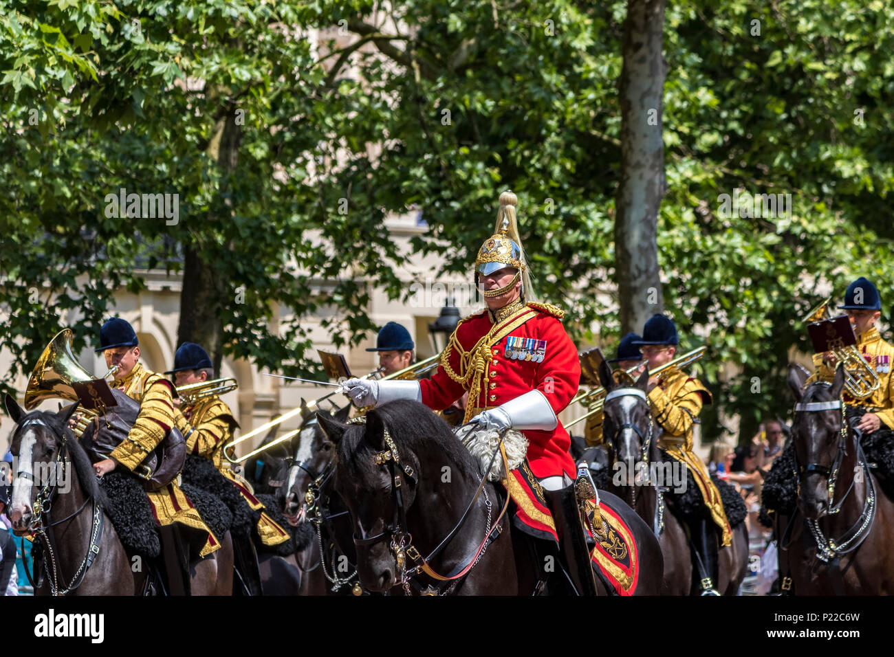 Assistant Director of Music Major Craig Hallatt conducting The Band of The Household Cavalry during the 2018 Trooping the Colour on The Mall,London,UK Stock Photo