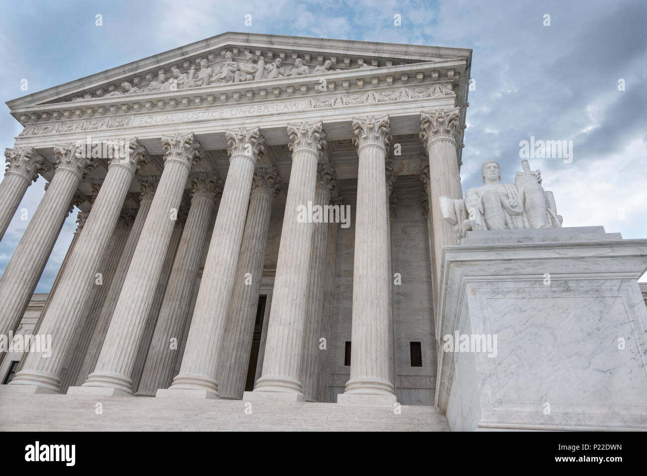 US Supreme Court Building, Authority of Law statue on right, Washington, DC Stock Photo