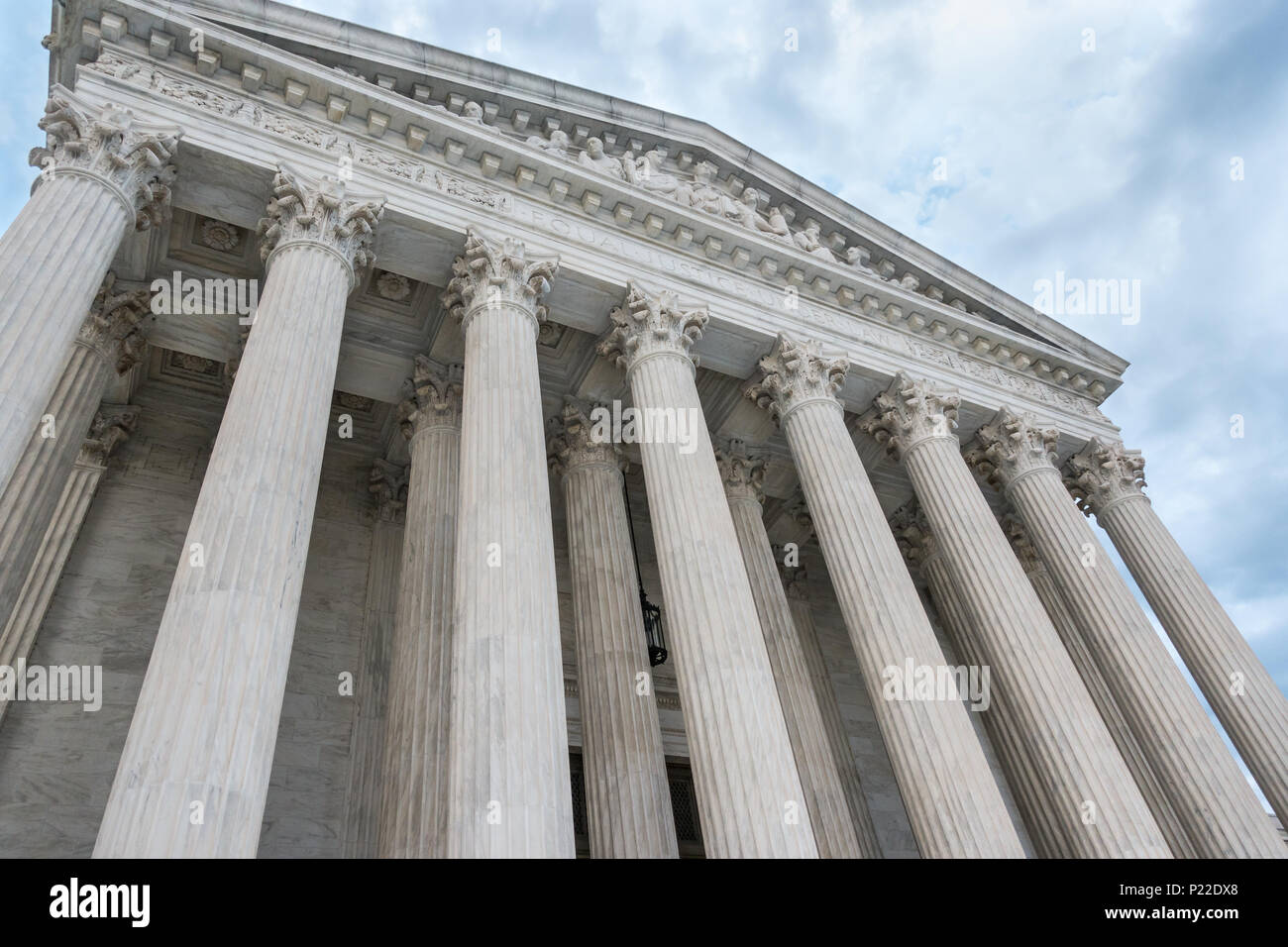 Imposing columns of US Supreme Court Building, Washington, DC, reaching to the heavens fro inspiration. Stock Photo
