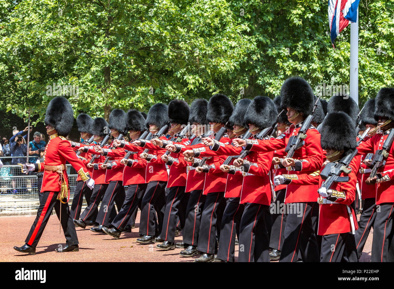 Soldiers of the Coldstream Guards marching in formation along The Mall at  Trooping The Colour or Queen's Birthday Parade, London ,UK  2018 Stock Photo