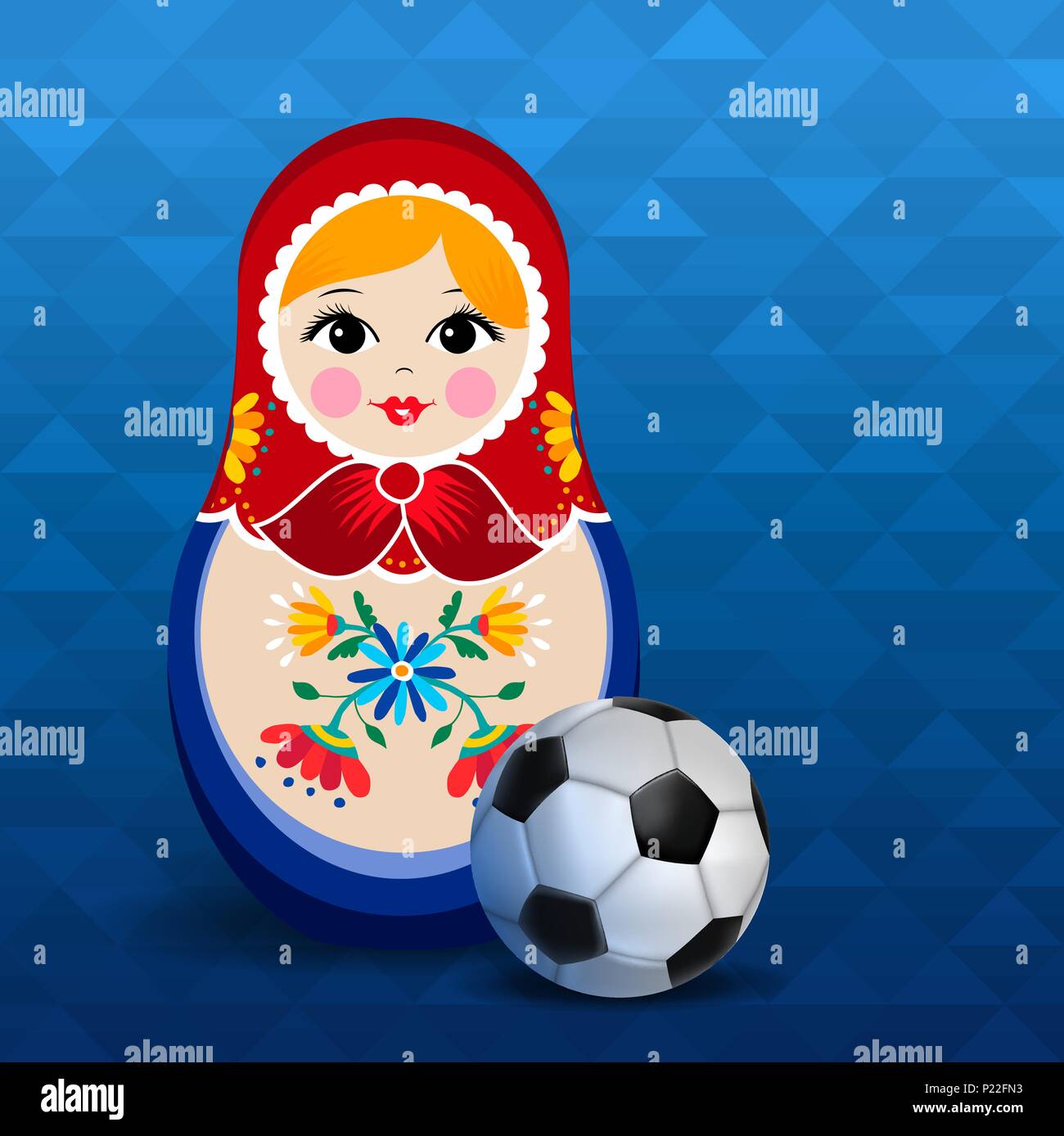 Russian doll poster for russia sport event. Traditional matrioska woman souvenir with soccer ball on blue color background. EPS10 vector. Stock Vector