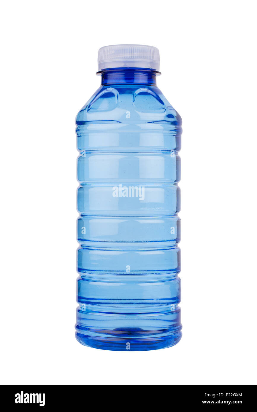 Plastic water bottle with blue cap against white background, Stock image